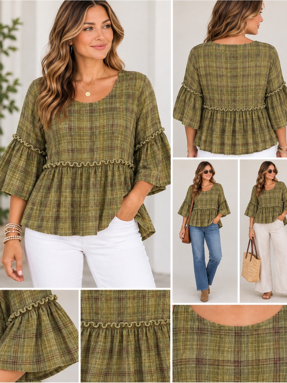 NWT easel Olive Plaid Ruffle Peplum Tunic